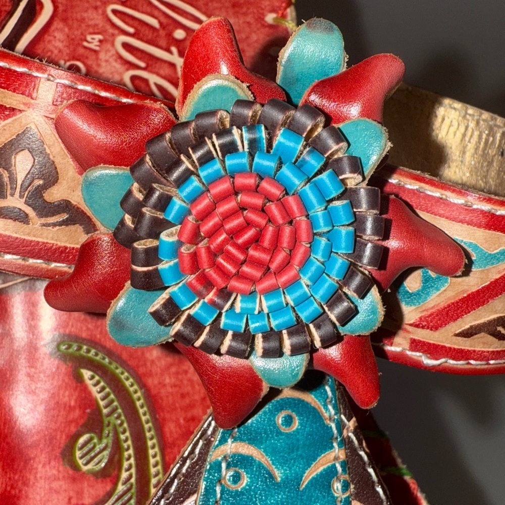 Corky's Elite leather Hand painted Sandal Navajo Size 8 Red Bohemian - Picture 6 of 16